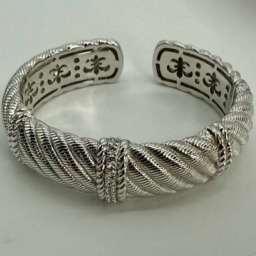 Vintage Judith Ripka Sterling Silver Cuff Bracelet with White Crystals 6.5”